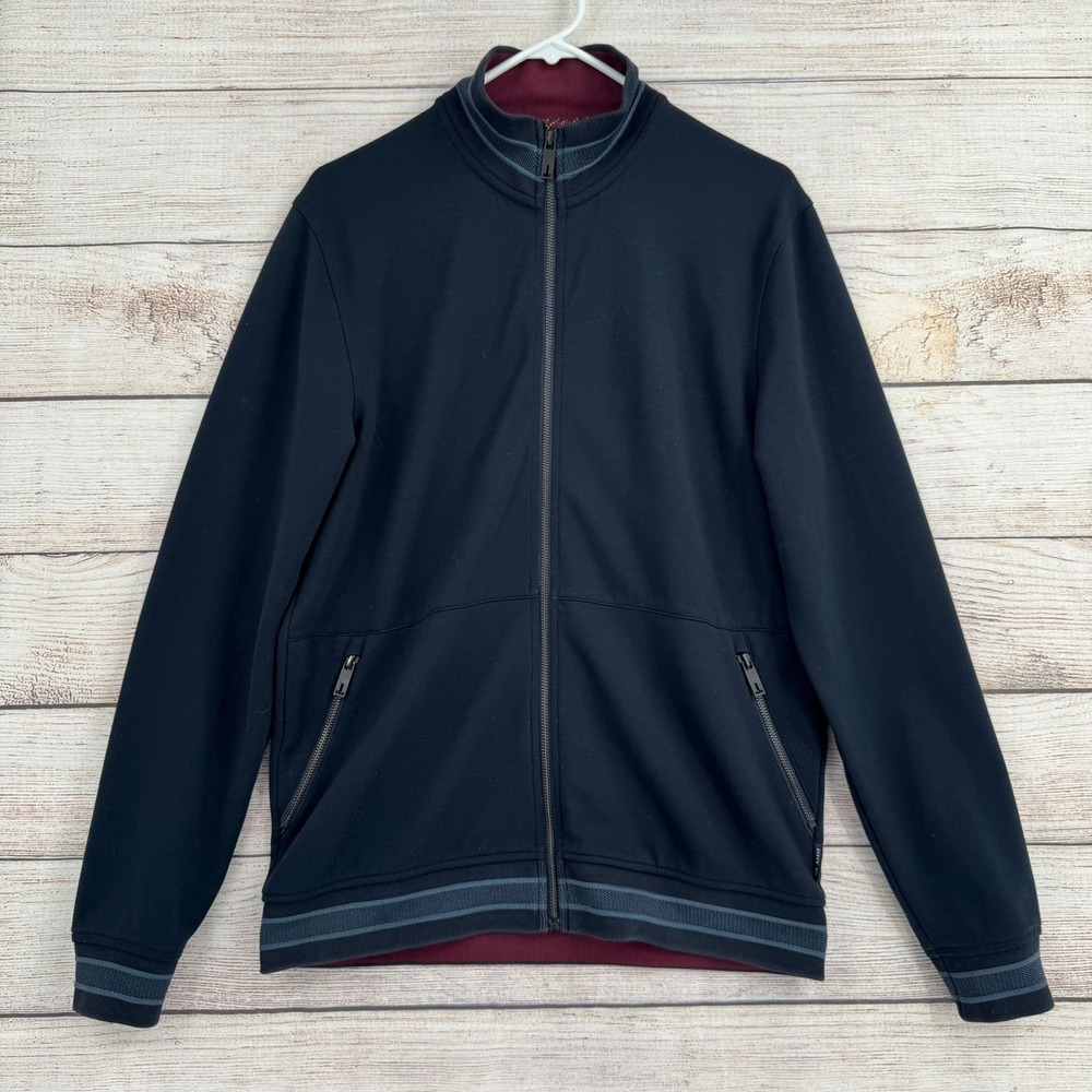 Ted Baker Collie Track Jacket Mens 3 Navy Blue Full Zip Mock Neck Striped Trim